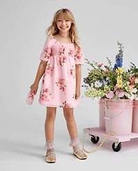 Girls Floral Smocked Chiffon Babydoll Dress