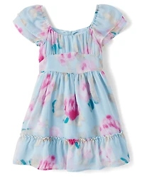 Girls Floral Chiffon Ruffle Dress