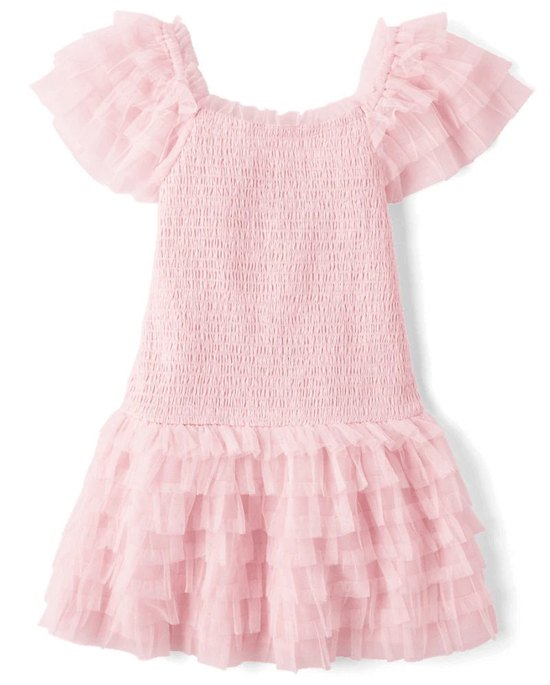 Girls Smocked Tulle Ruffle Dress