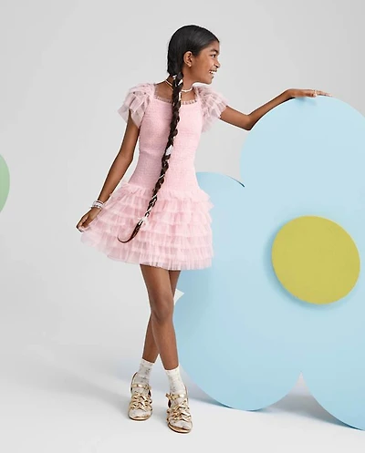 Girls Smocked Tulle Ruffle Dress