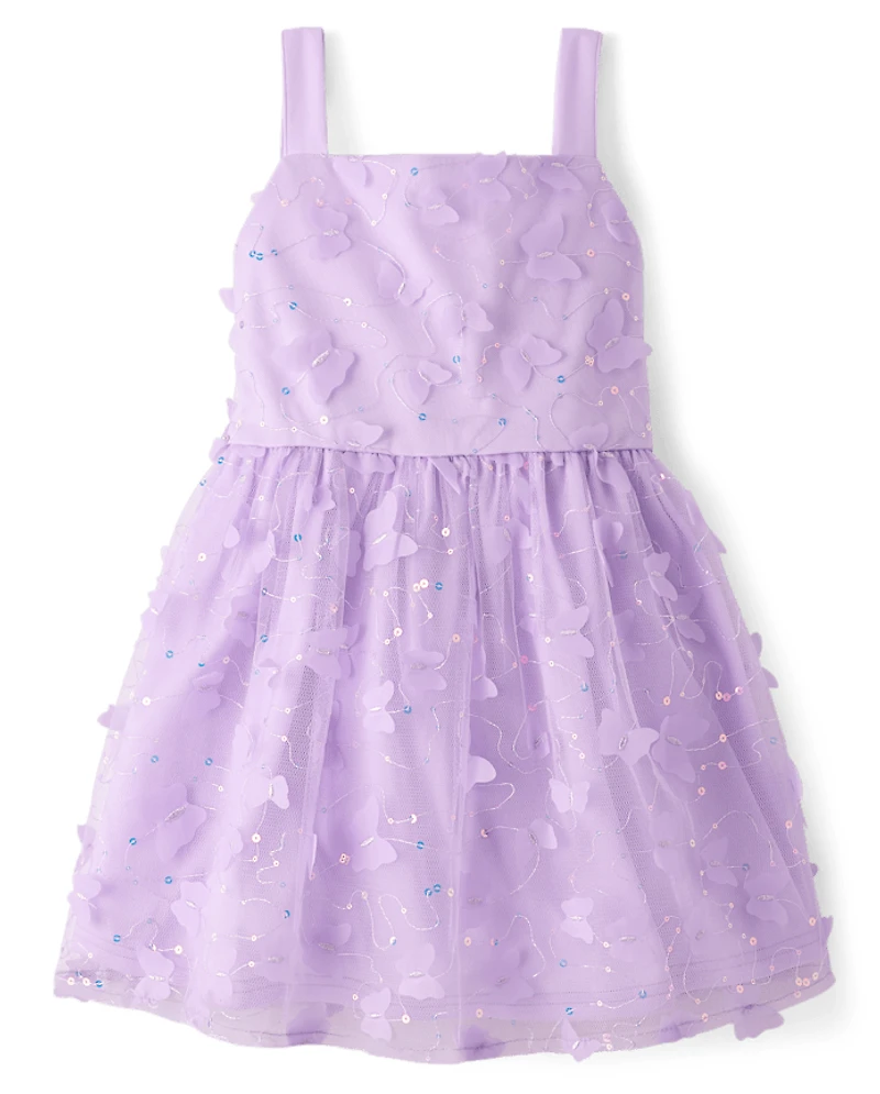Girls 3D Butterfly Mesh Fit And Flare Dress