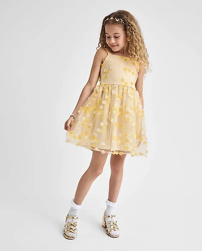 Girls 3D Floral Mesh Fit And Flare Dress