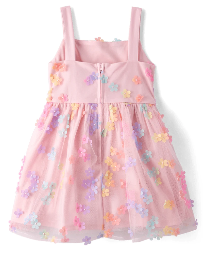 Girls Rainbow 3D Floral Mesh Fit And Flare Dress