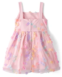 Girls Rainbow 3D Floral Mesh Fit And Flare Dress