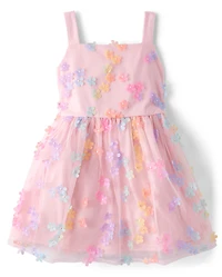 Girls Rainbow 3D Floral Mesh Fit And Flare Dress