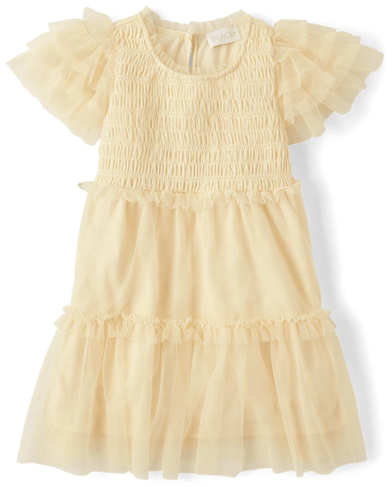 Girls Glitter Smocked Mesh Ruffle Dress