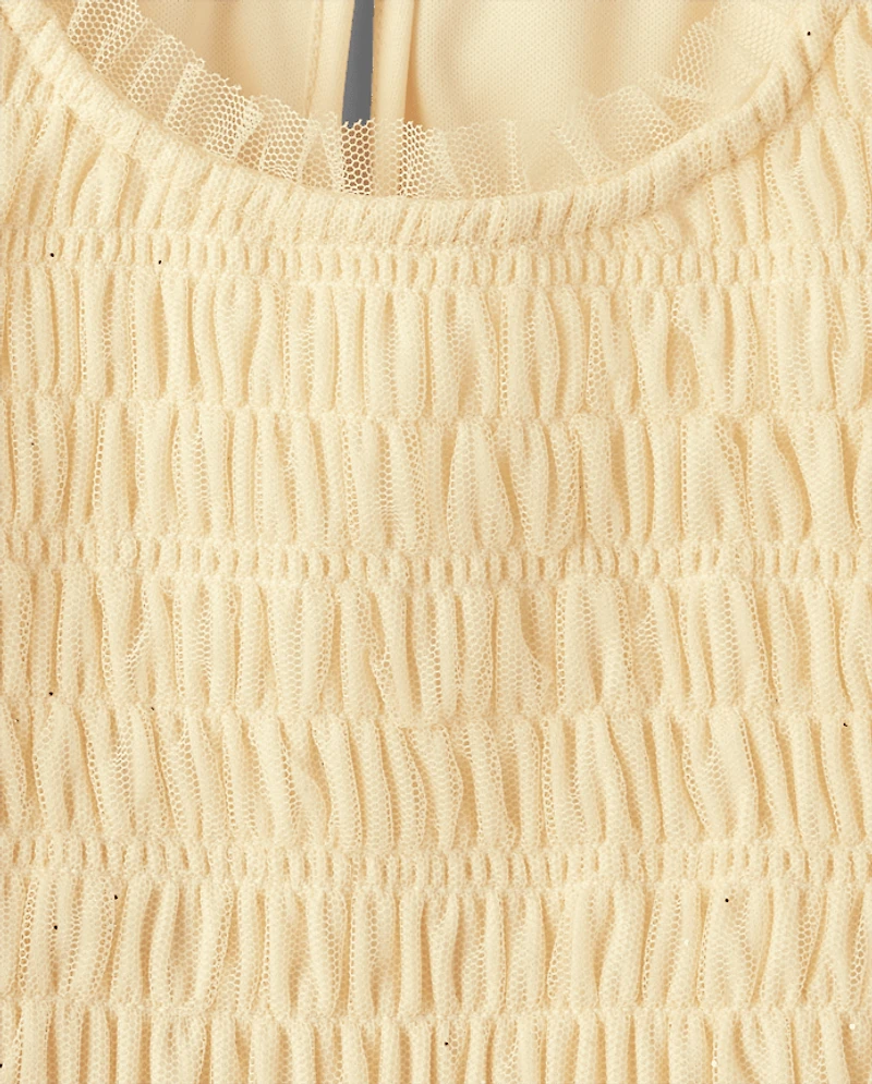 Girls Glitter Smocked Mesh Ruffle Dress