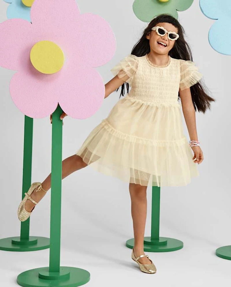 Girls Glitter Smocked Mesh Ruffle Dress