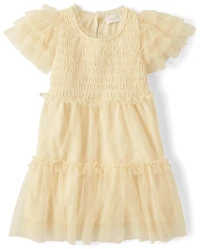 Girls Glitter Smocked Mesh Ruffle Dress