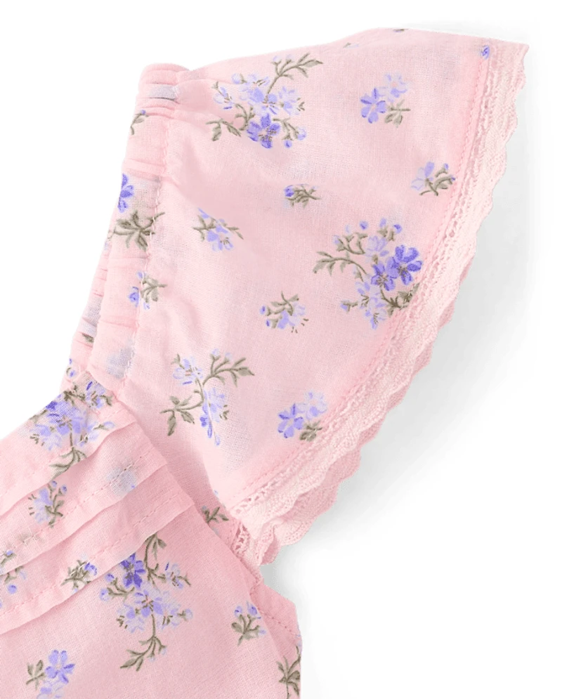 Girls Floral Pleated Smocked Dress