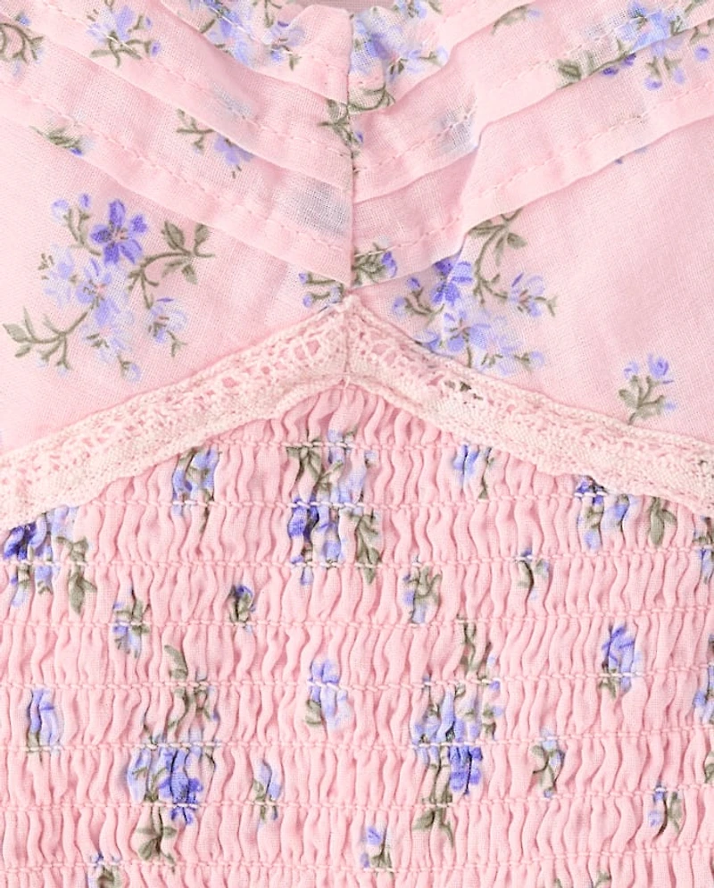 Girls Floral Pleated Smocked Dress