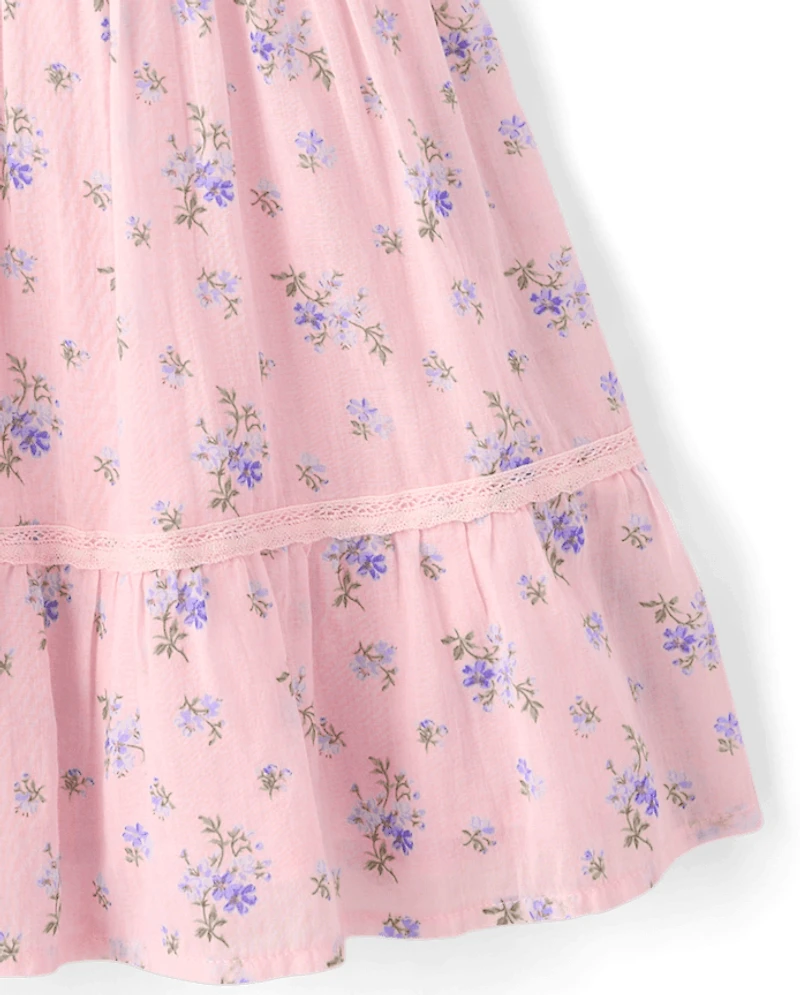 Girls Floral Pleated Smocked Dress