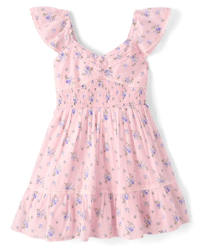 Girls Floral Pleated Smocked Dress