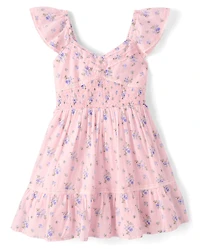 Girls Floral Pleated Smocked Dress