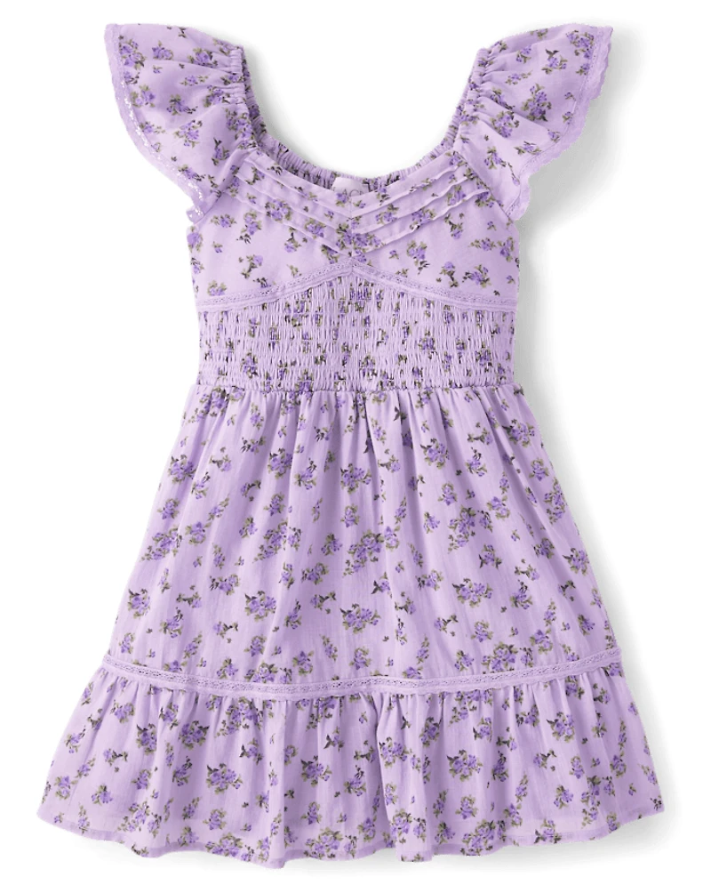 Robe plissée à smocks fleurs pour filles