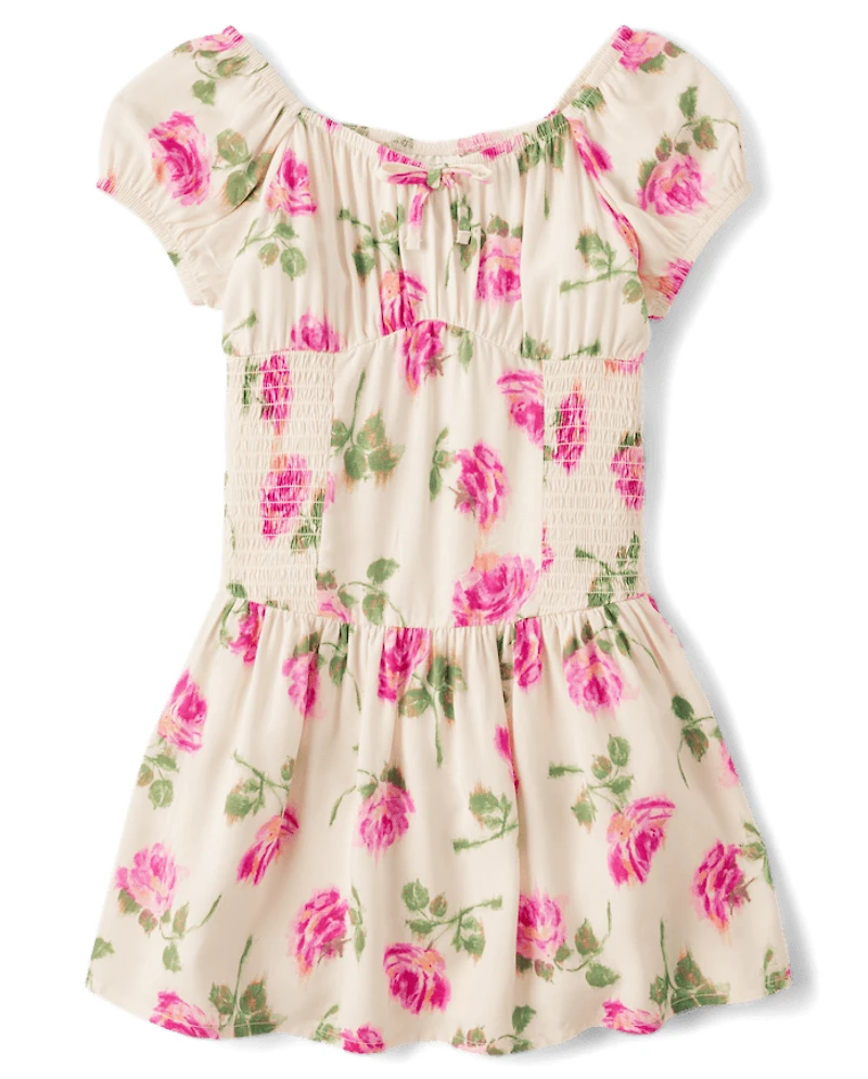 Girls Floral Smocked Puff Sleeve Dress