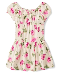 Girls Floral Smocked Puff Sleeve Dress