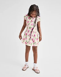 Girls Floral Smocked Puff Sleeve Dress