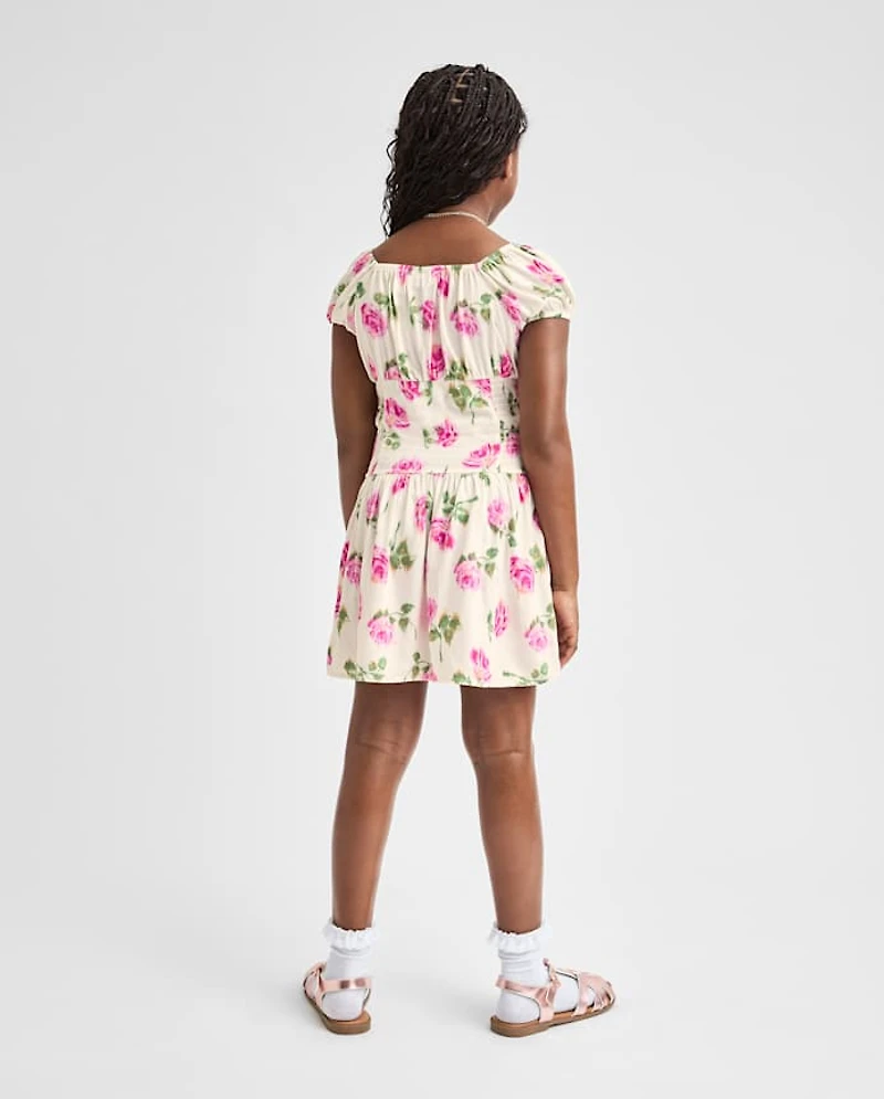 Girls Floral Smocked Puff Sleeve Dress