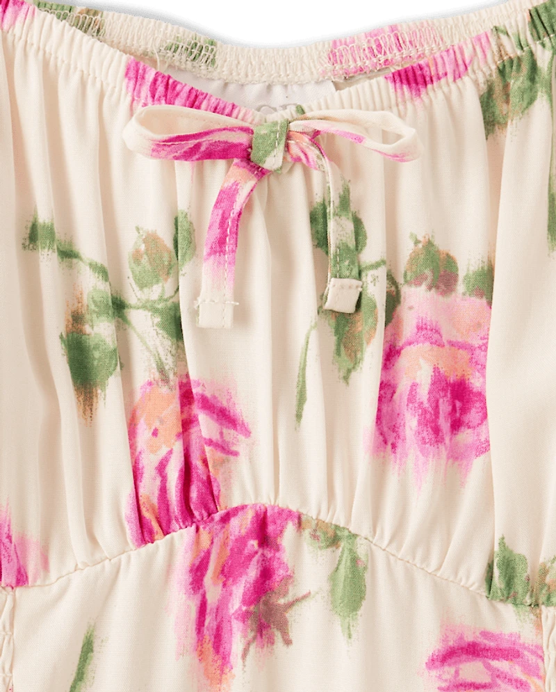 Robe à manches bouffantes smockées fleurs pour filles