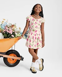 Girls Floral Smocked Puff Sleeve Dress