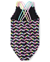 Girls Print Cross Back One Piece Swimsuit
