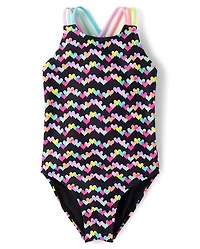Girls Print Cross Back One Piece Swimsuit