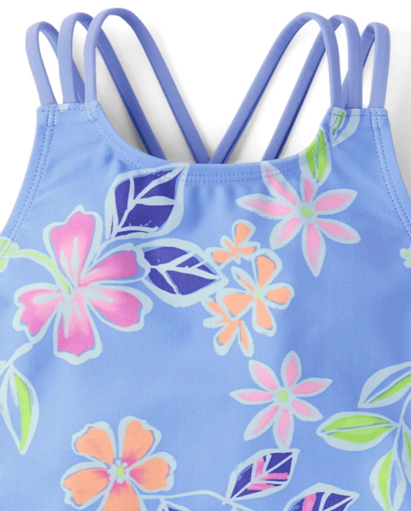 Girls Print Cross Back One Piece Swimsuit