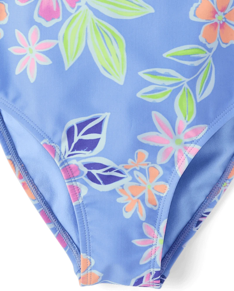 Girls Print Cross Back One Piece Swimsuit