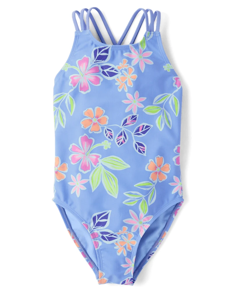 Girls Print Cross Back One Piece Swimsuit
