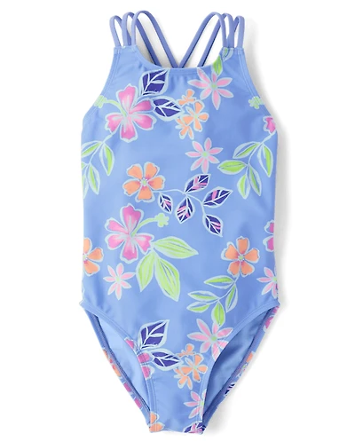 Girls Print Cross Back One Piece Swimsuit