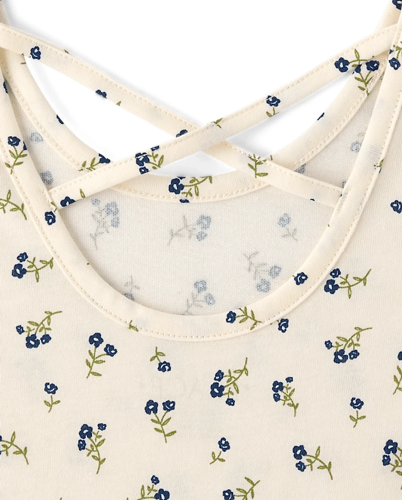 Girls Floral Cross Back Ruffle V-Waist Dress