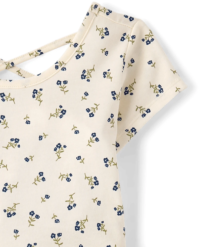 Girls Floral Cross Back Ruffle V-Waist Dress