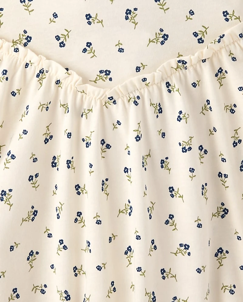 Girls Floral Cross Back Ruffle V-Waist Dress