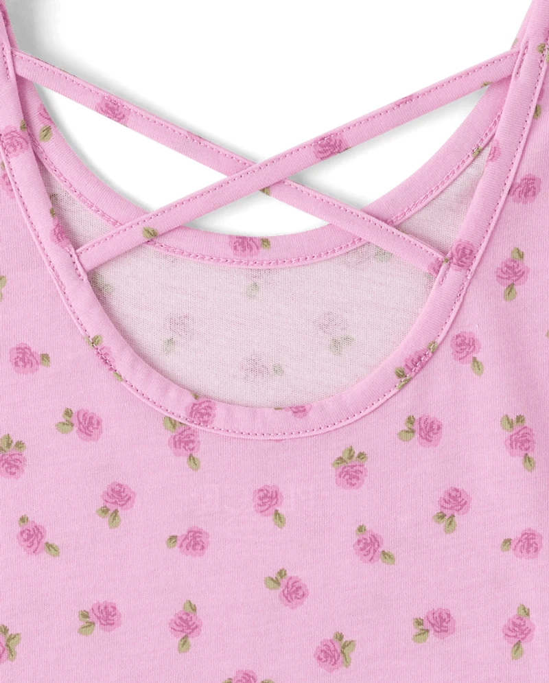 Girls Floral Cross Back Ruffle V-Waist Dress