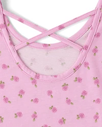 Girls Floral Cross Back Ruffle V-Waist Dress