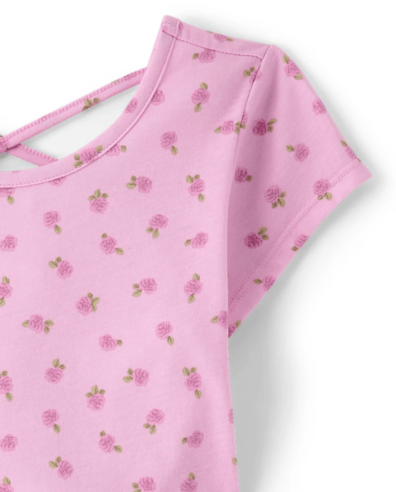 Girls Floral Cross Back Ruffle V-Waist Dress