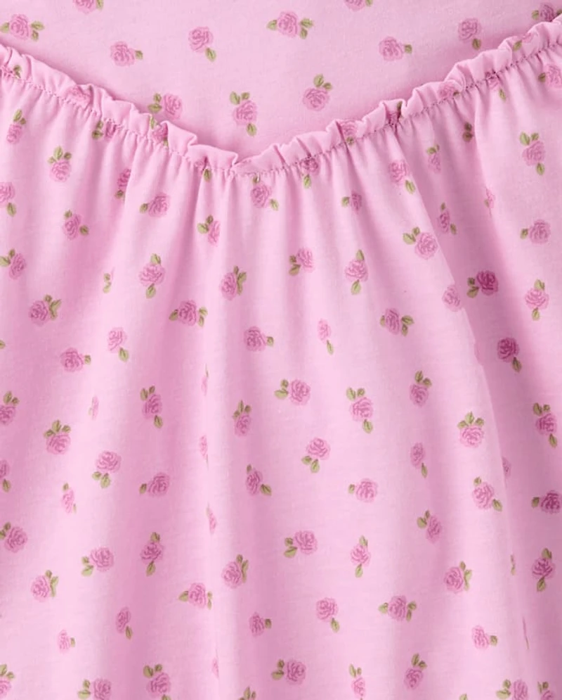 Girls Floral Cross Back Ruffle V-Waist Dress