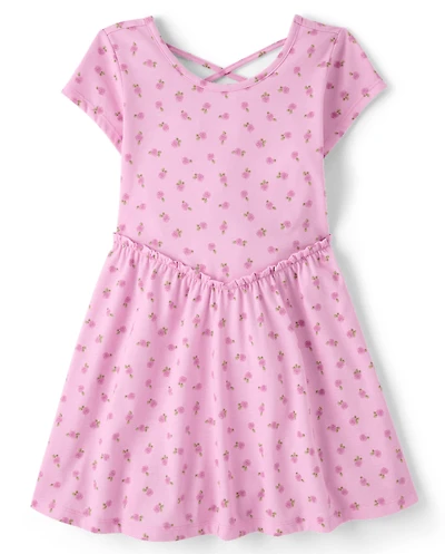 Girls Floral Cross Back Ruffle V-Waist Dress