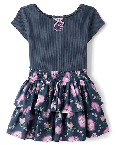 Girls Hello Kitty® Embroidered Tiered Fit And Flare Dress