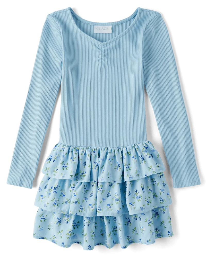 Girls Floral Tiered Drop Waist Dress