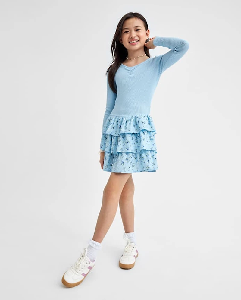 Girls Floral Tiered Drop Waist Dress