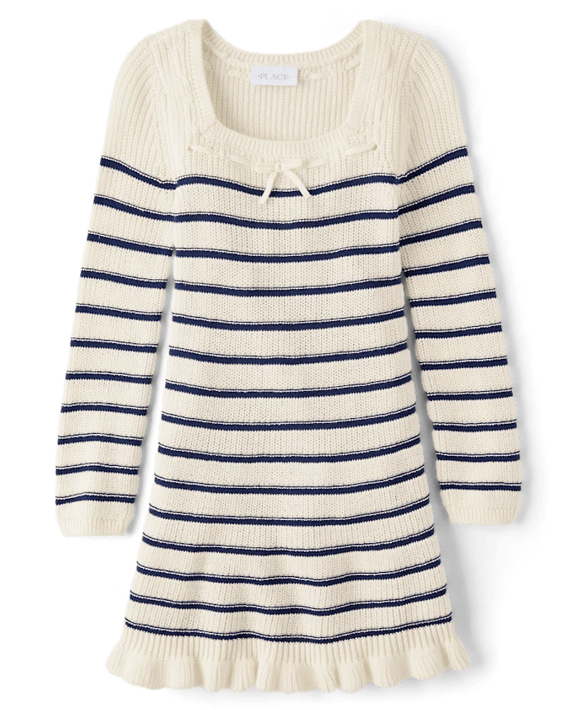 Girls Striped Bow Sweater Dress