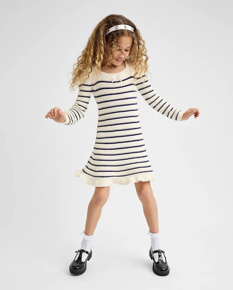Girls Striped Bow Sweater Dress