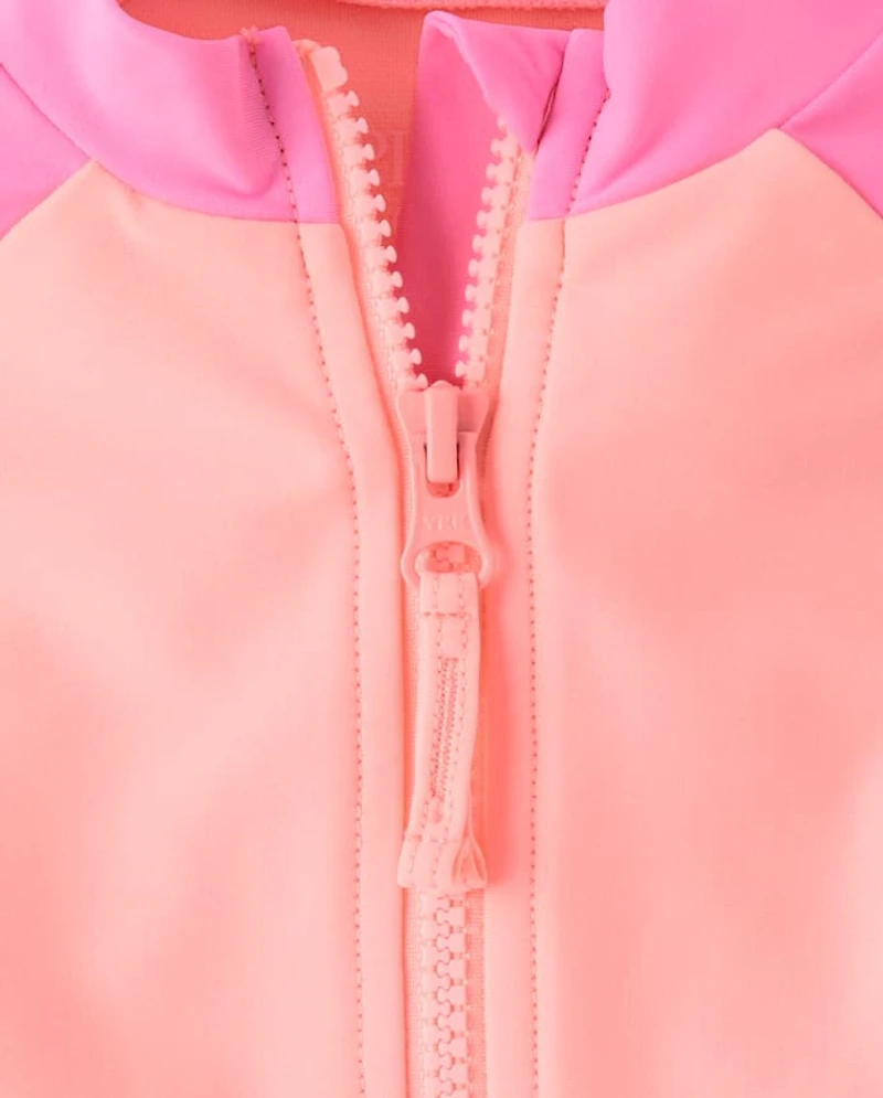 Girls Colorblock Half Zip Rashguard One Piece Swimsuit