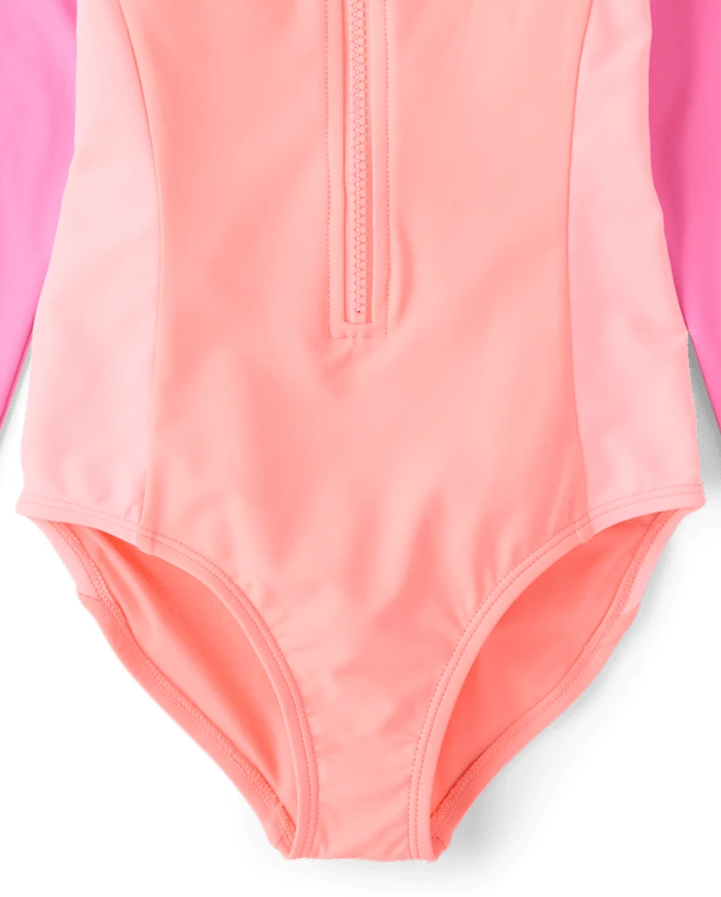 Girls Colorblock Half Zip Rashguard One Piece Swimsuit