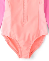 Girls Colorblock Half Zip Rashguard One Piece Swimsuit