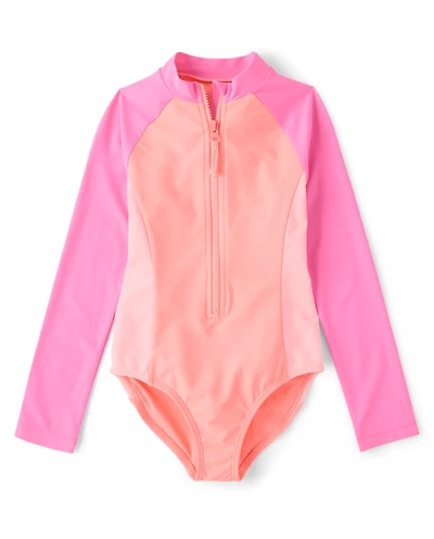 Girls Colorblock Half Zip Rashguard One Piece Swimsuit