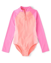 Girls Colorblock Half Zip Rashguard One Piece Swimsuit
