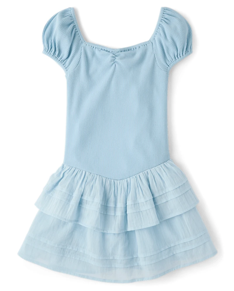 Girls Pleated Tiered V-Waist Dress